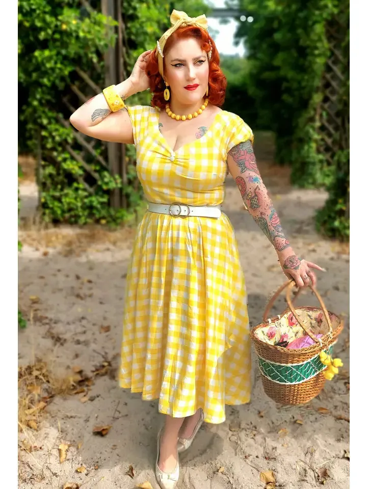 Lily Off Shoulder Yellow Gingham Swing Dress by dolly and dotty