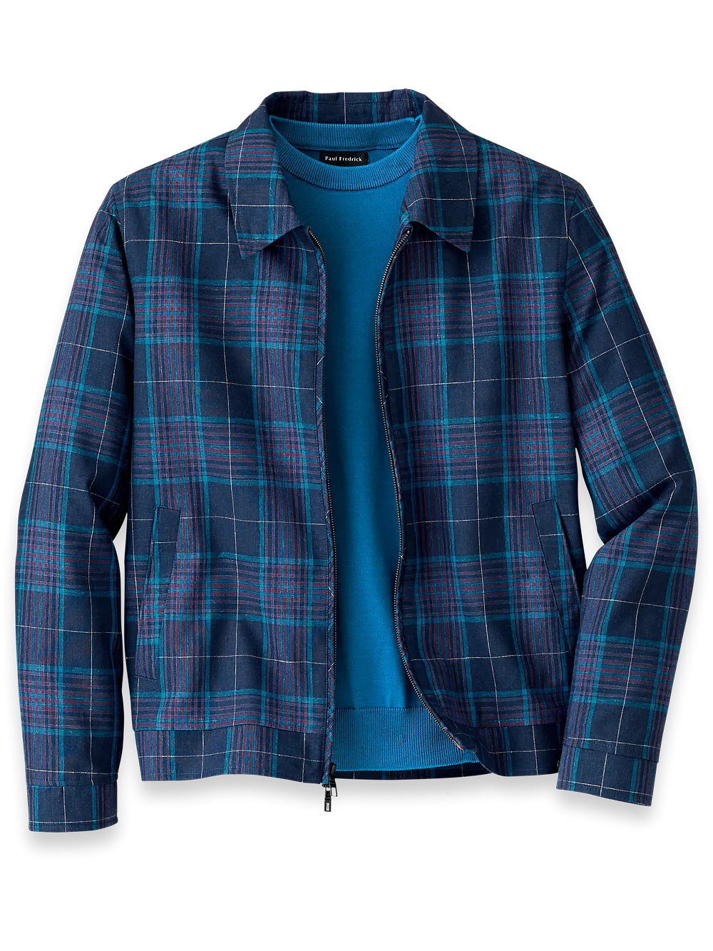 Linen Blend Plaid Bomber Jacket - Navy Multi