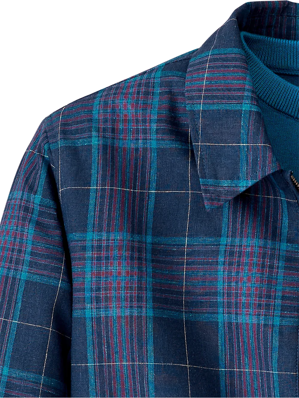 Linen Blend Plaid Bomber Jacket - Navy Multi