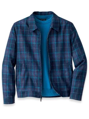 Linen Blend Plaid Bomber Jacket - Navy Multi