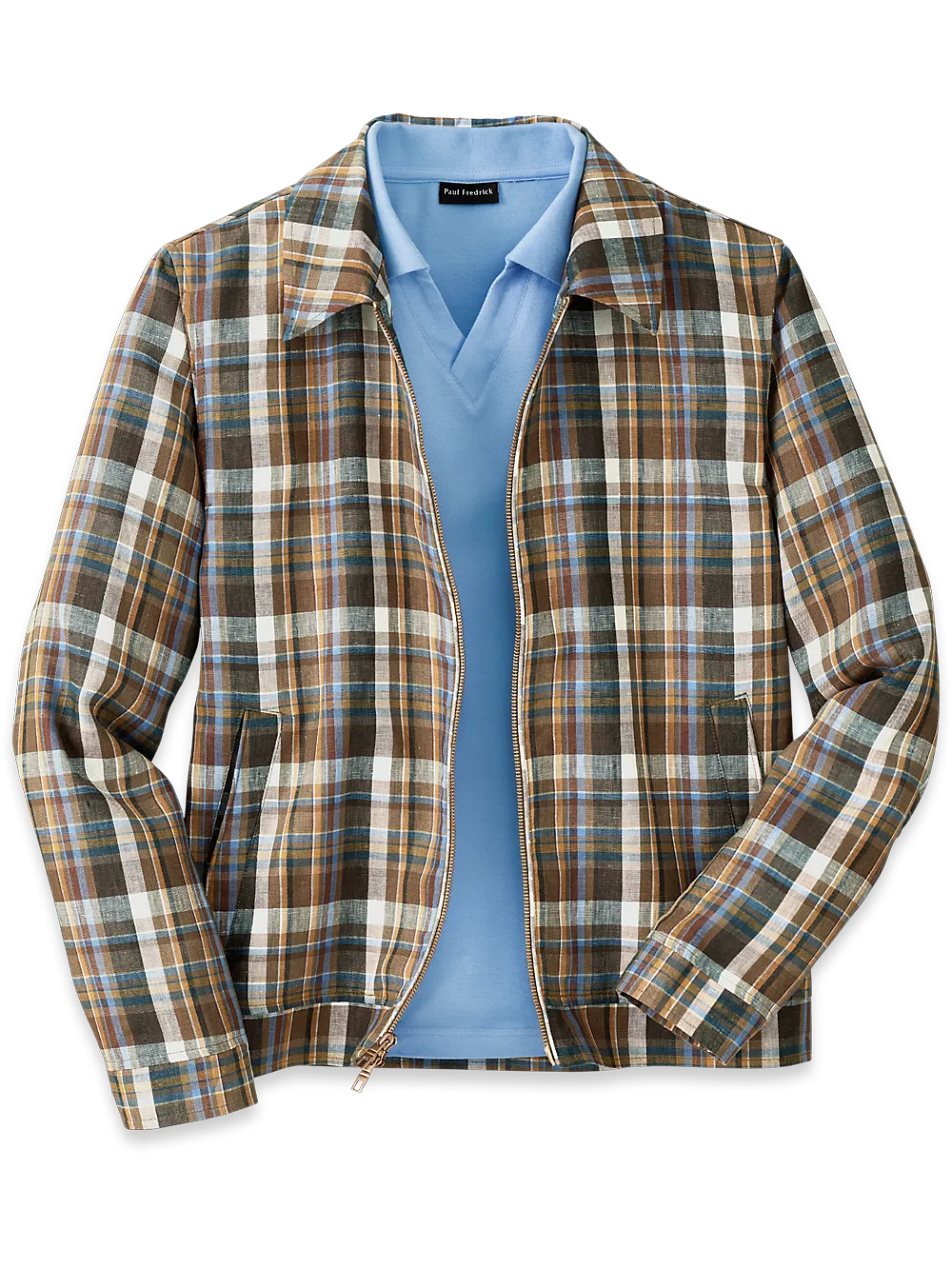 Linen Plaid Bomber Jacket - Tan Multi