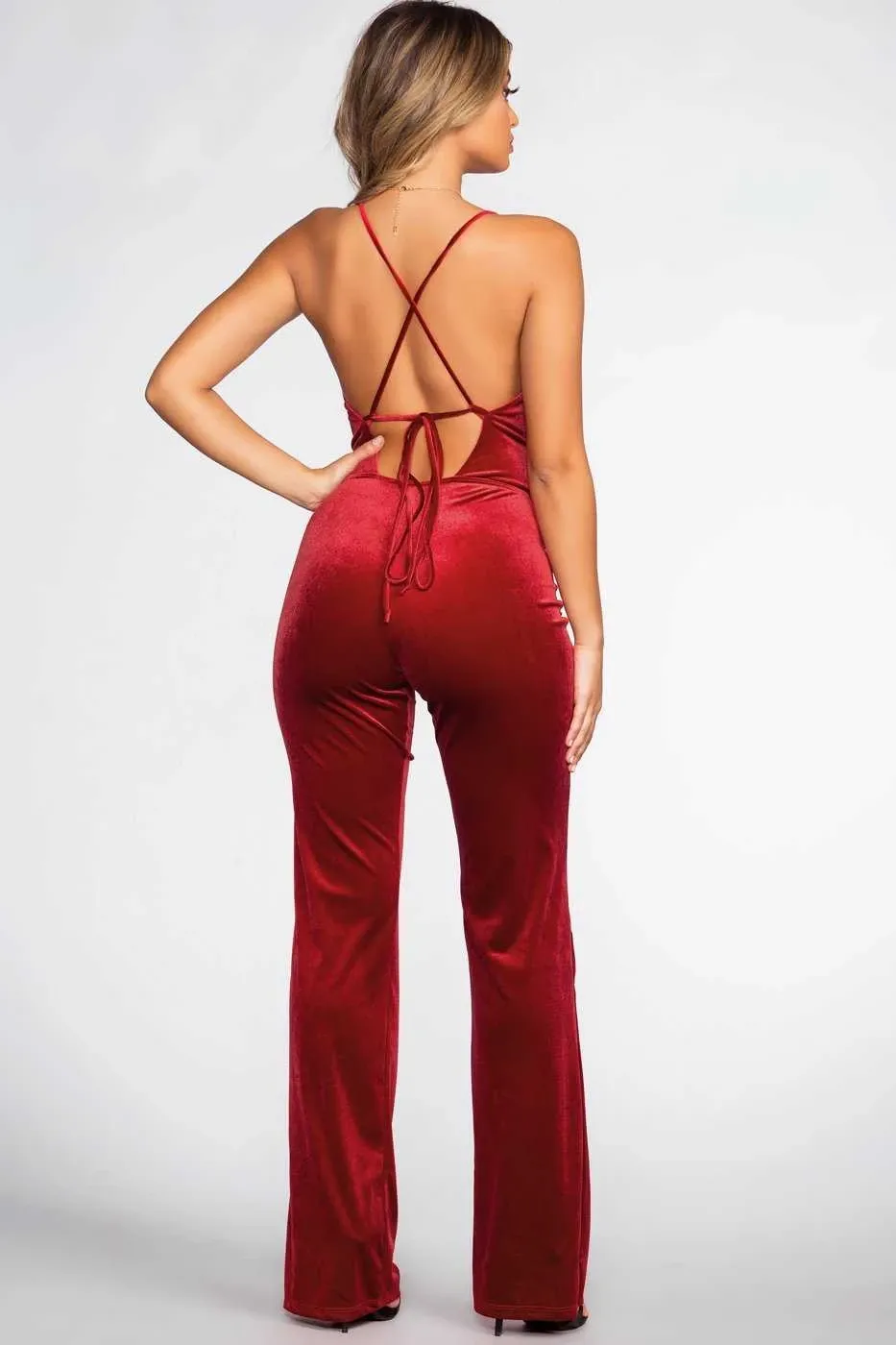 LIVE TO TELL VELVET JUMPSUIT - RED