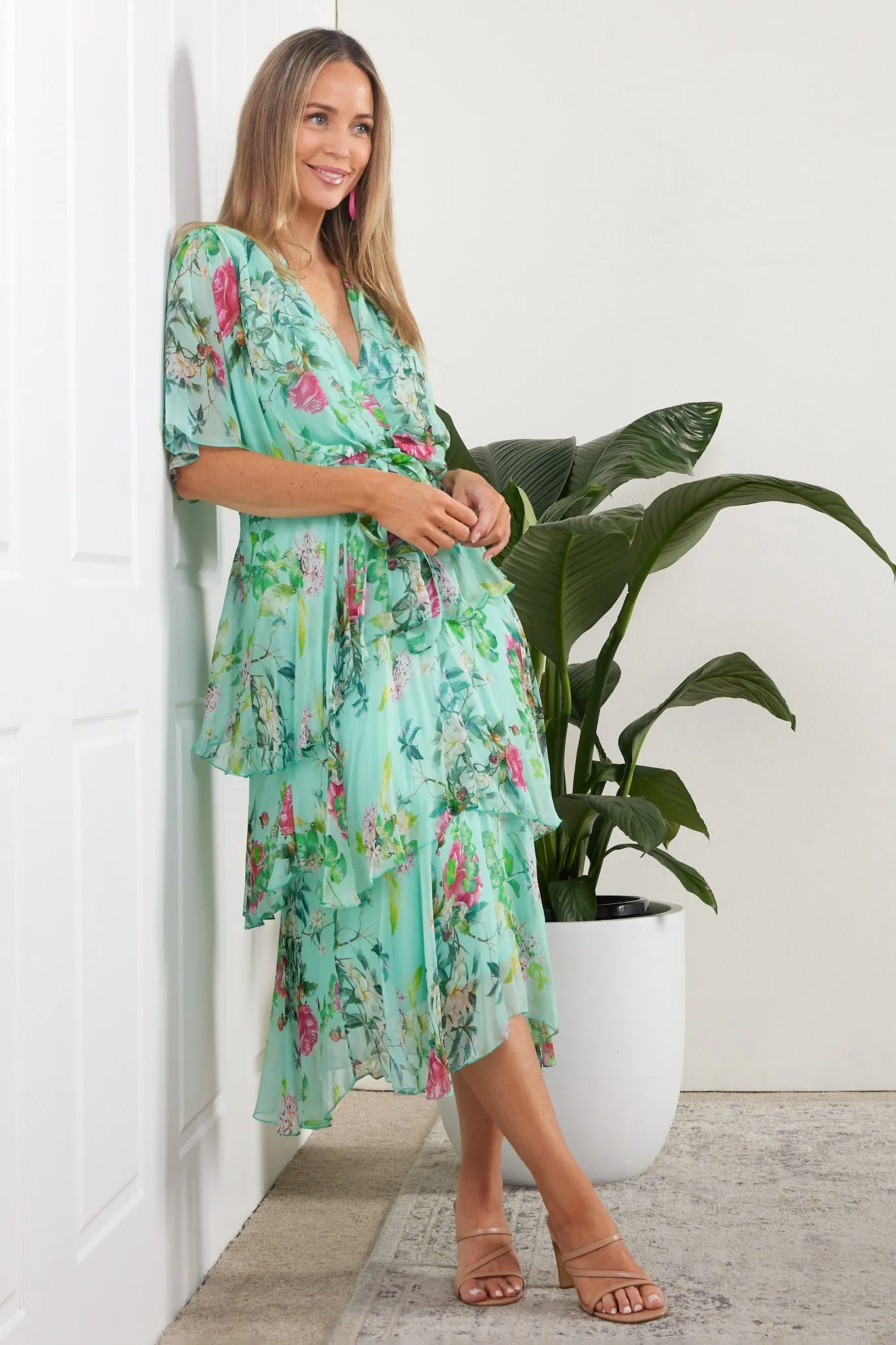 Loira Silk Dress - Mint Rose Garden