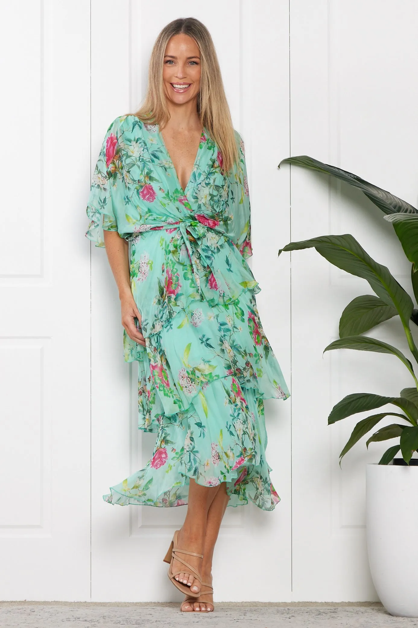 Loira Silk Dress - Mint Rose Garden