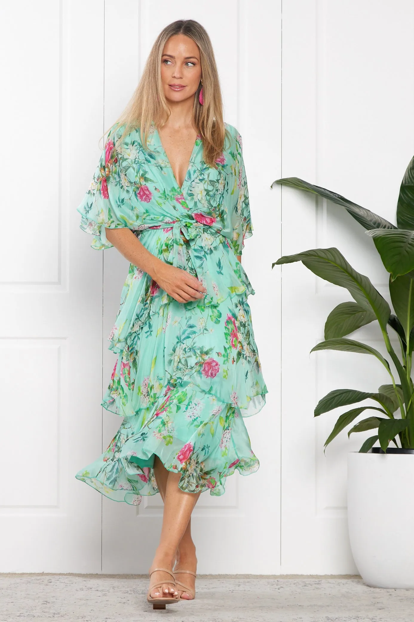 Loira Silk Dress - Mint Rose Garden