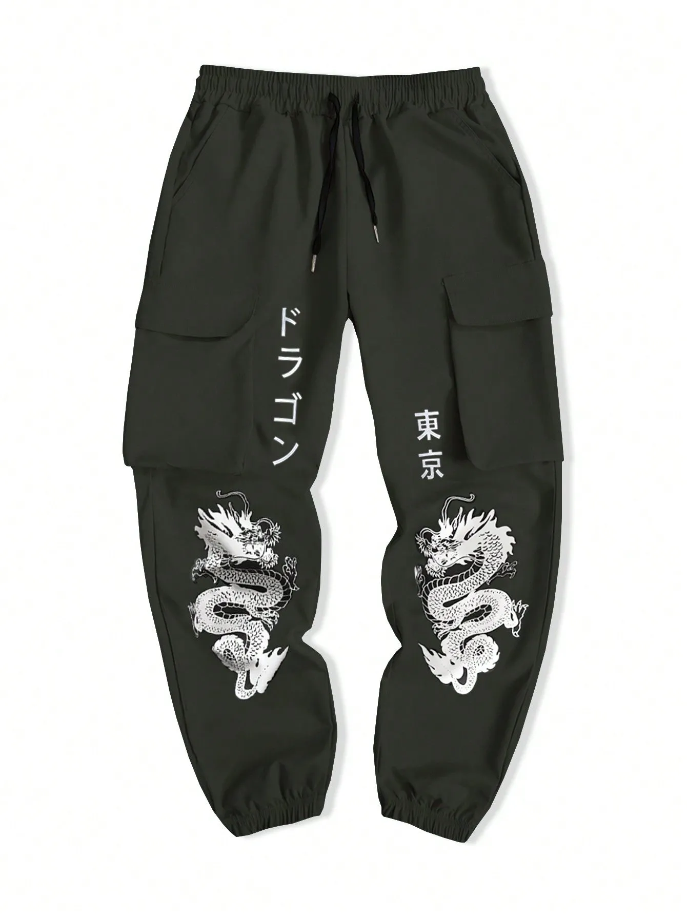 Manfinity EMRG Men's Loose Chinese Dragon Printed Drawstring Waist Cargo Pants