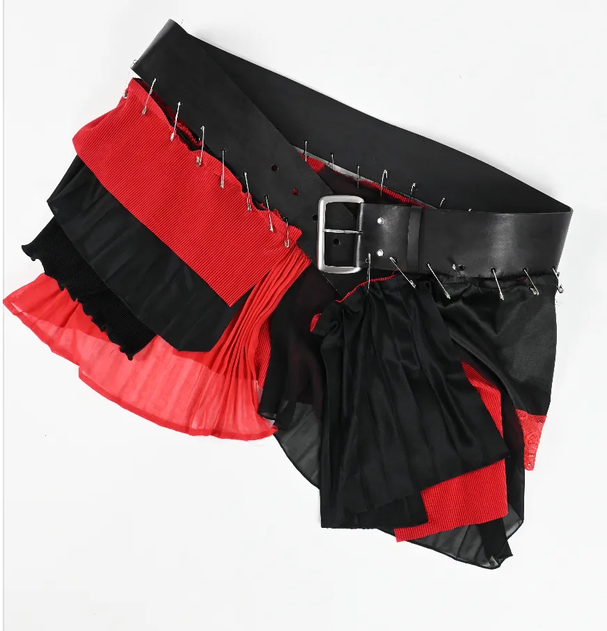 ME TO YOU layered red leather belt skirt