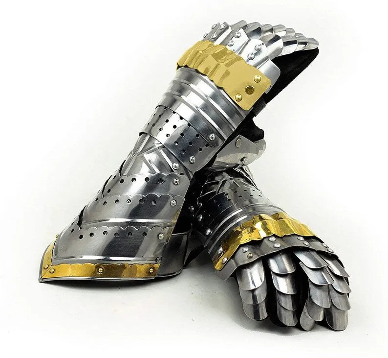 Medieval Armor Pair Brass Accents Gauntlet Gloves Knight Crusader Steel