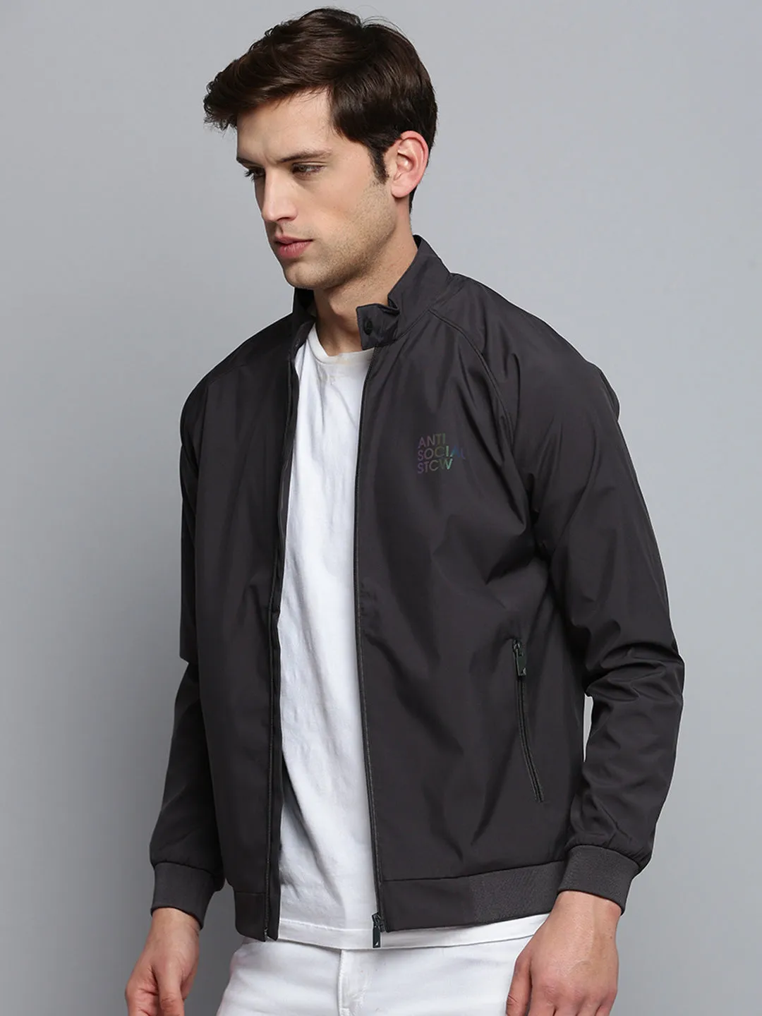 Men Grey Solid Casual Jacket