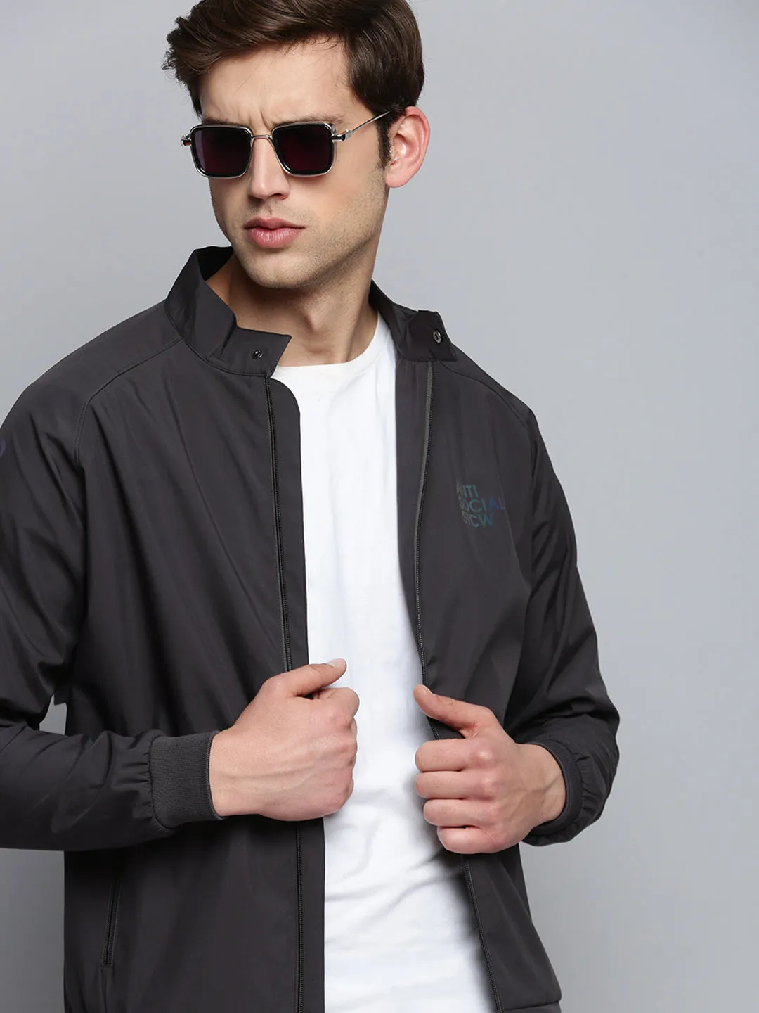 Men Grey Solid Casual Jacket