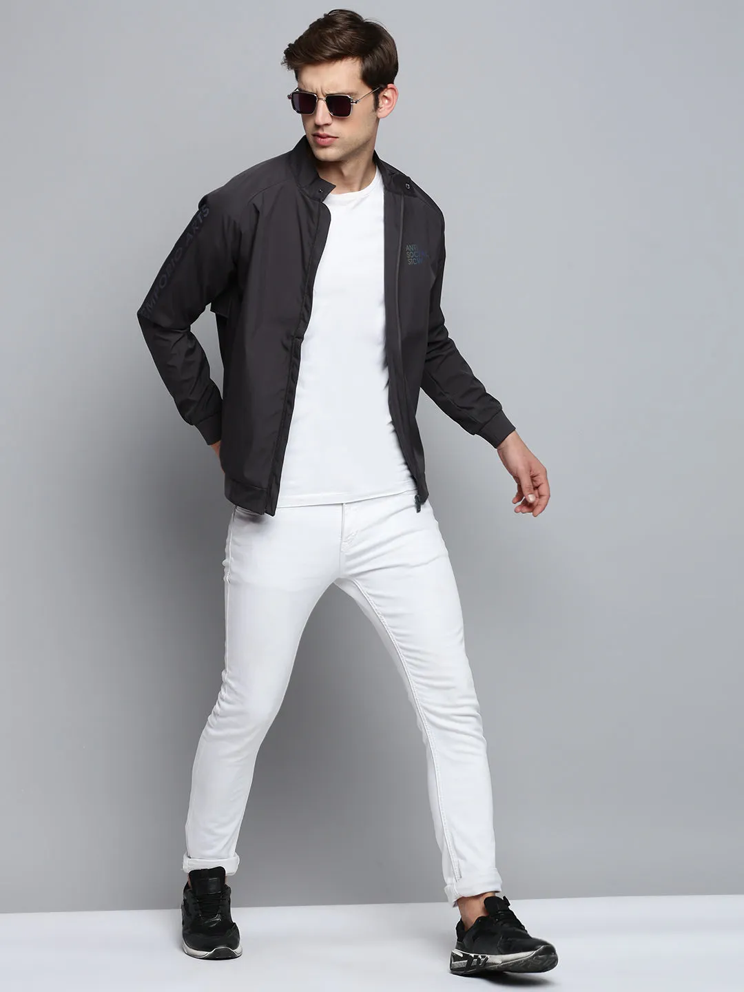 Men Grey Solid Casual Jacket