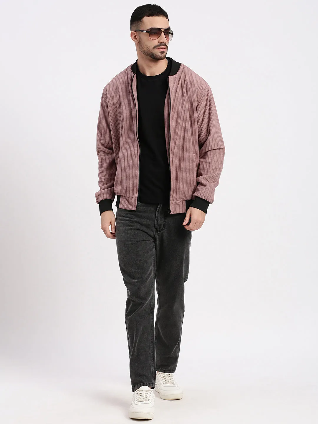 Men Mauve Solid Bomber Jacket