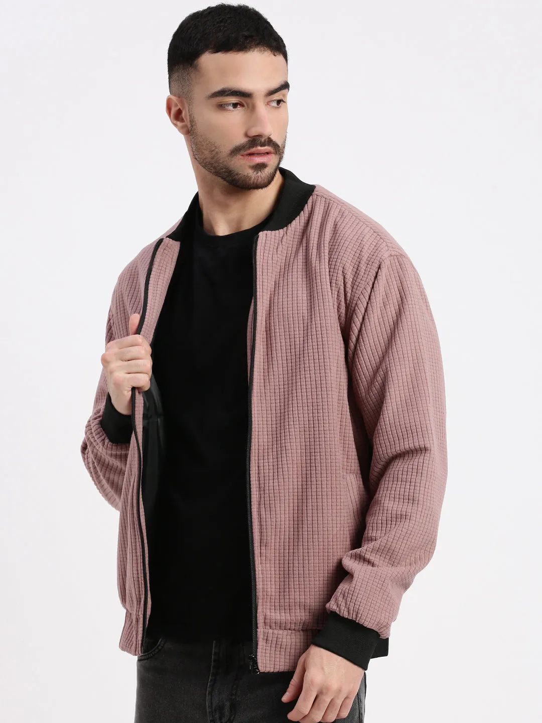 Men Mauve Solid Bomber Jacket