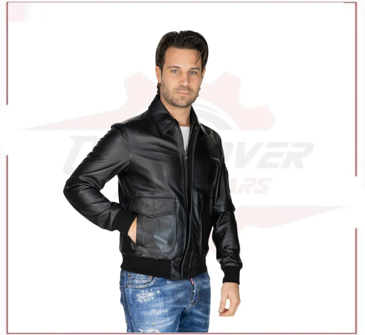 Men's Bomber Jacket in Genuine Black Leather