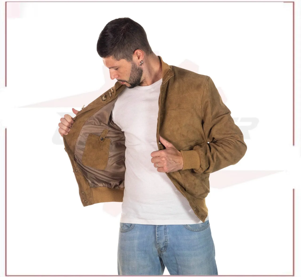 Men's Bomber Jacket in Genuine Honey Suede Leather