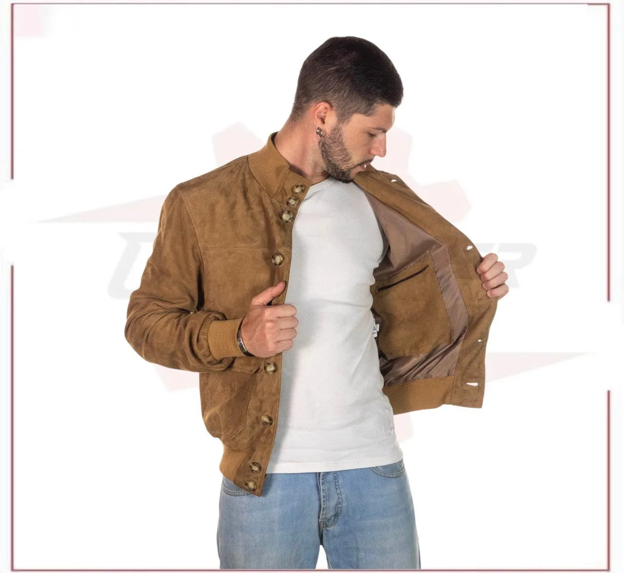 Men's Bomber Jacket in Genuine Honey Suede Leather