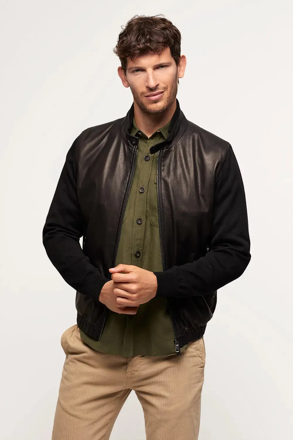 Mens leather jacket with textile sleeves