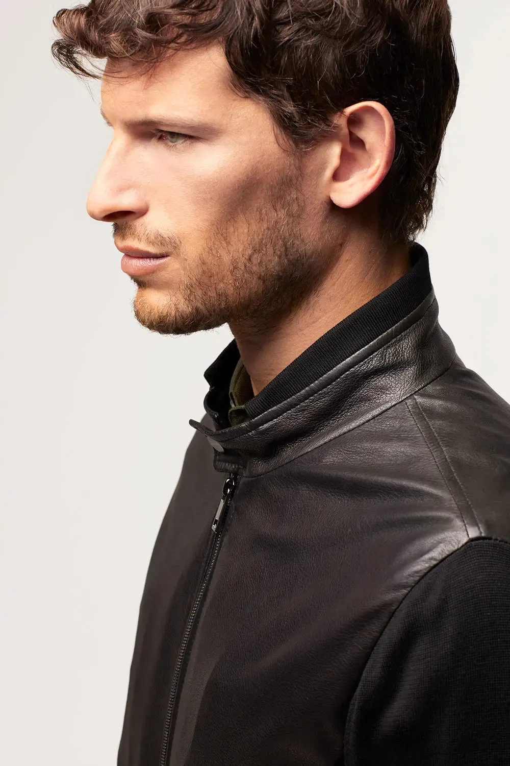 Mens leather jacket with textile sleeves