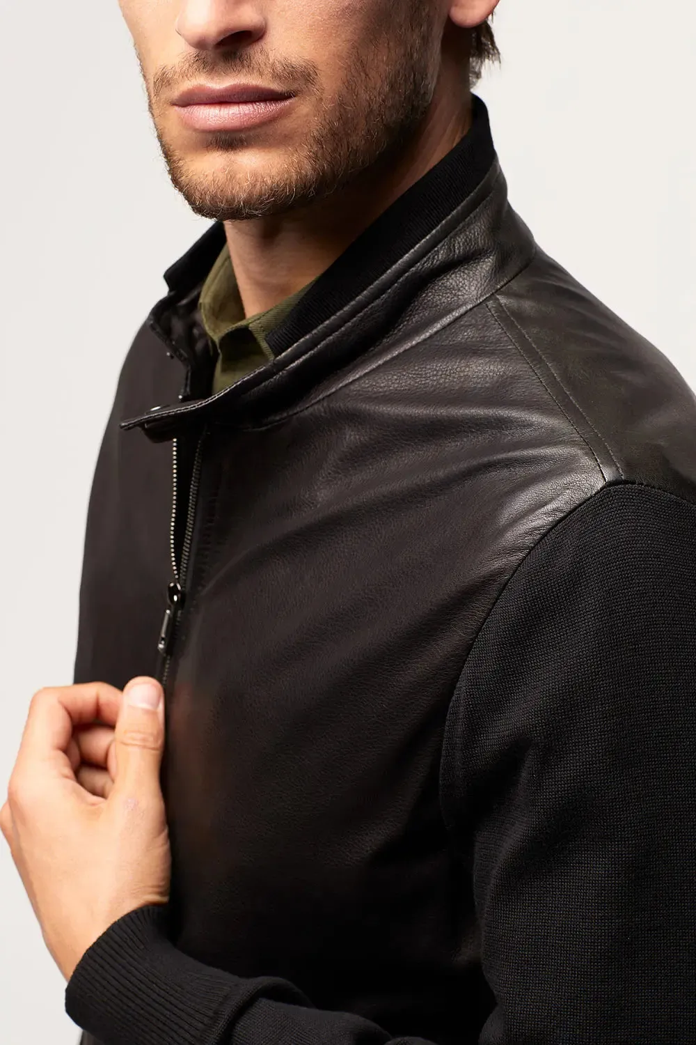 Mens leather jacket with textile sleeves