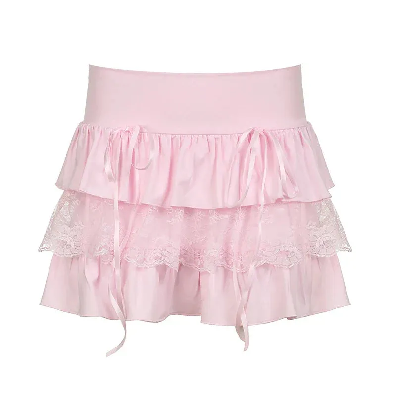 Metaversmall Hotsweet Pink Summer Cake Mini Skirt Tierred Lace Trim Folds Korean Fashion Girls Skirts Y2K Coquette Clothes Kawaii