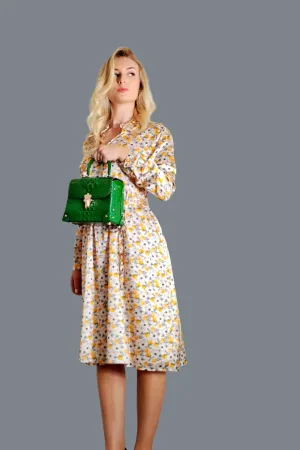 Mulberry Silk Dress with long Sleeves adorned with floral print in Soft Yellow