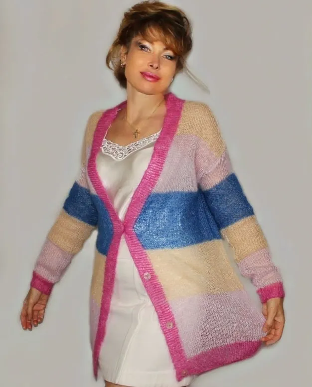 Multicolor Mohair Rainbow Mohair Boho Chic Oversized Cardigan