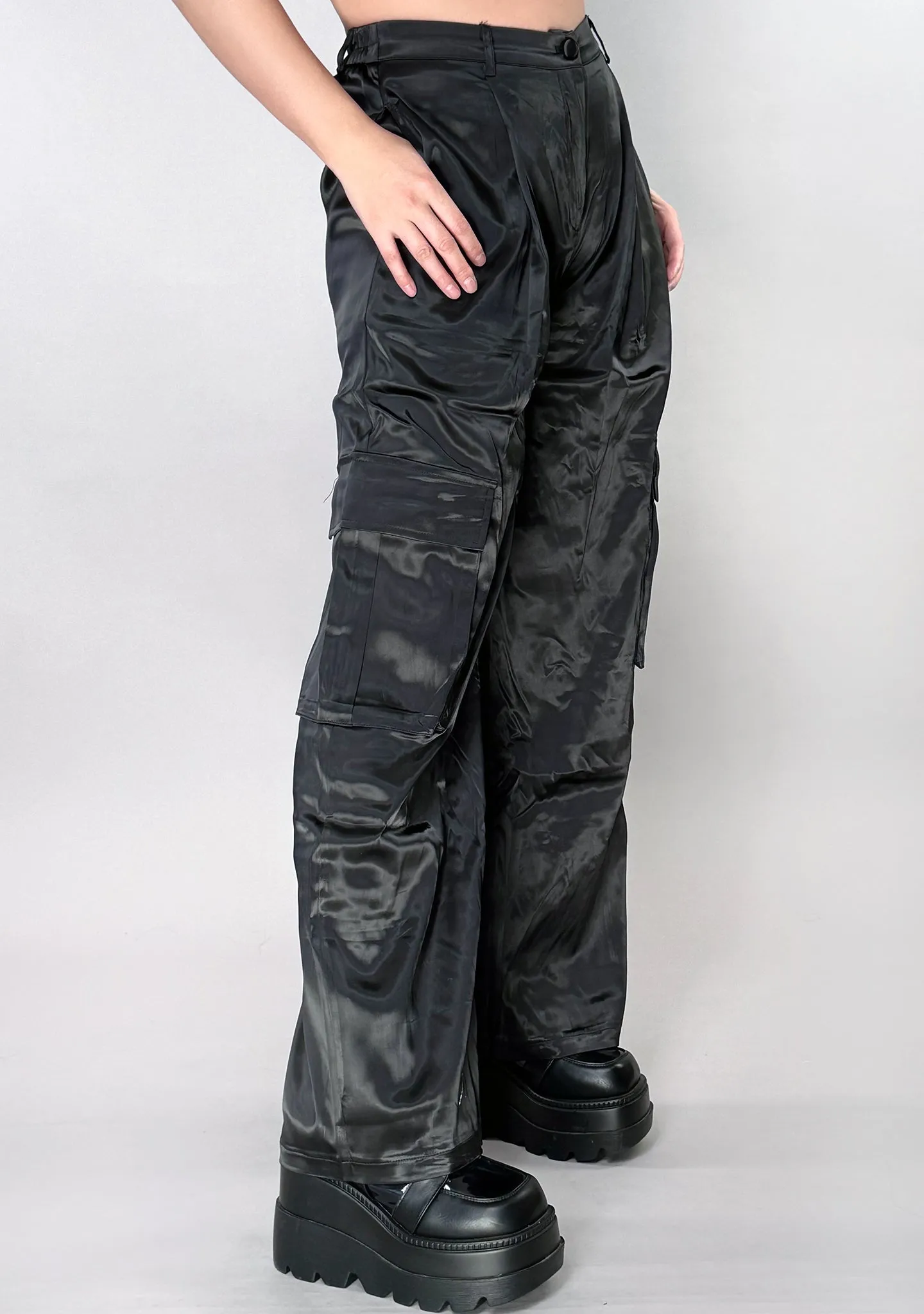 Night Beat Black Satin Cargo Pants