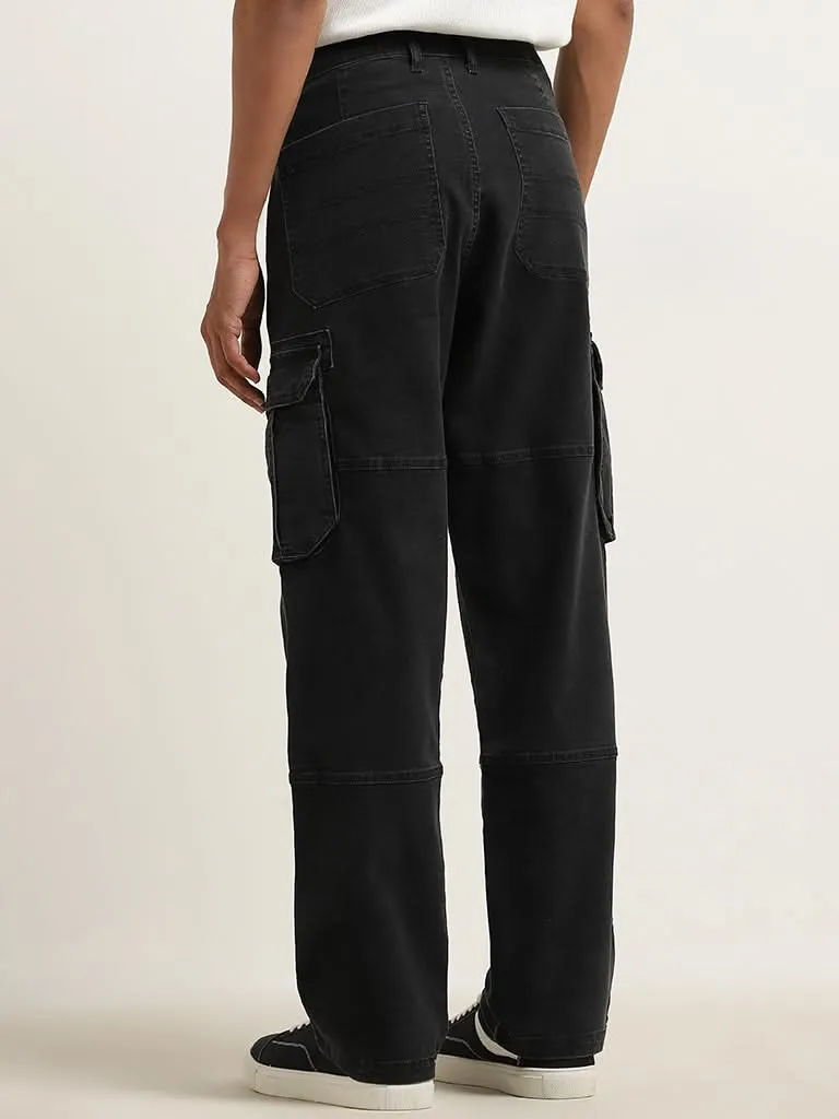 Nuon Black Cargo-Style Relaxed-Fit Mid-Rise Cotton Blend Chinos