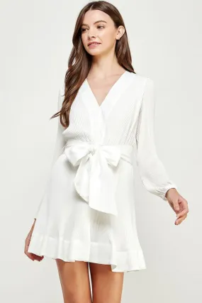 Off Wht Pleated Waist Tie Dress