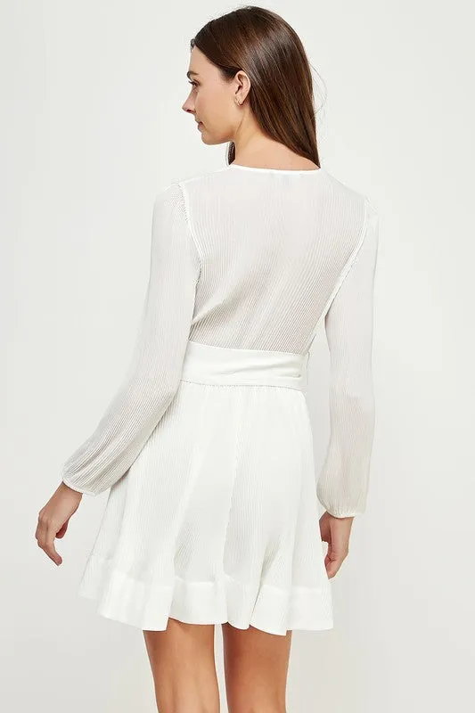 Off Wht Pleated Waist Tie Dress