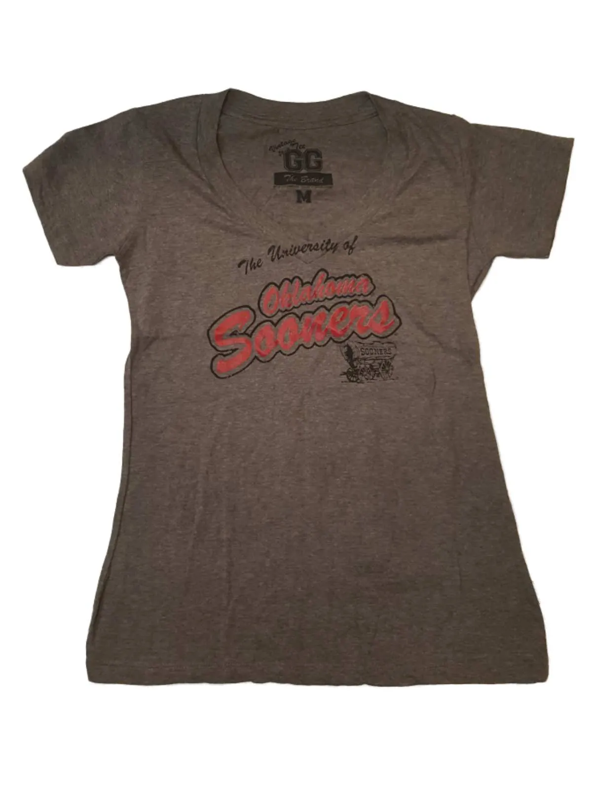 Oklahoma Sooners GG WOMENS Gray Retro Logo Ultra Soft SS V-Neck T-Shirt (M)