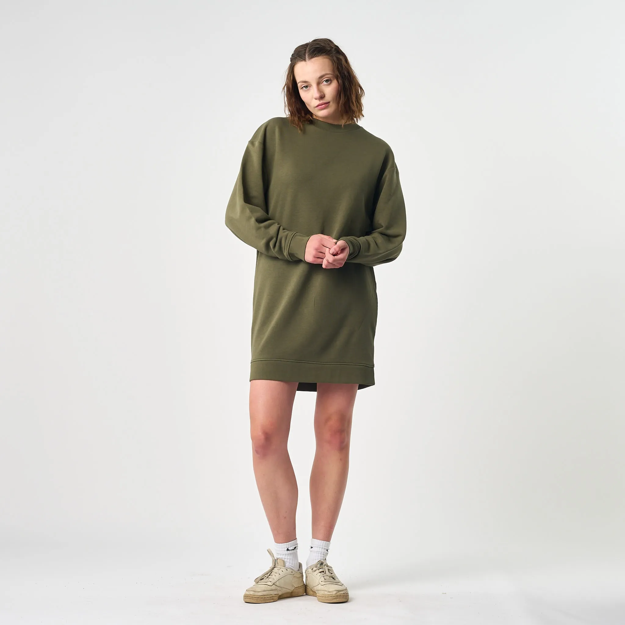 Omnitau Women's Omaha Organic Cotton Casual Fit Crew Neck Dress - Khaki Green