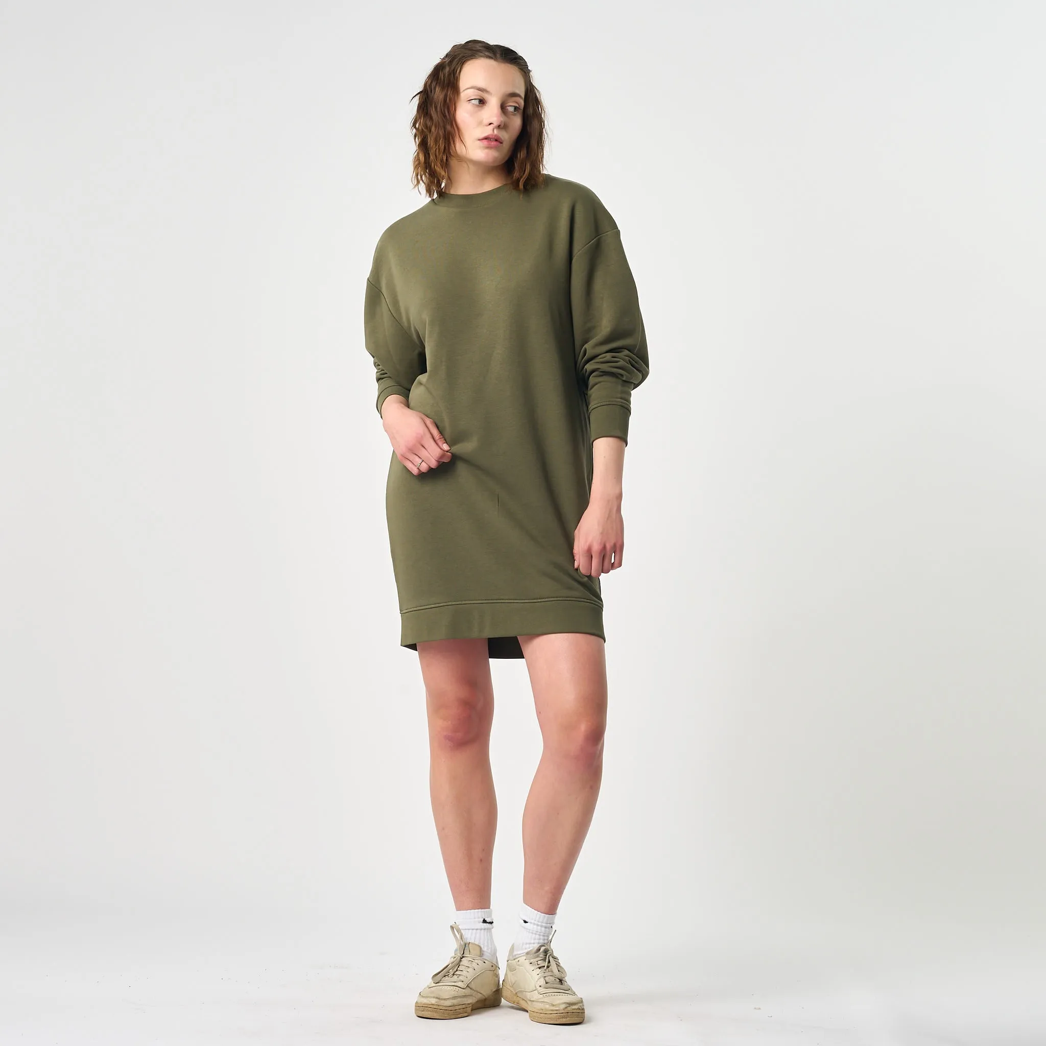 Omnitau Women's Omaha Organic Cotton Casual Fit Crew Neck Dress - Khaki Green