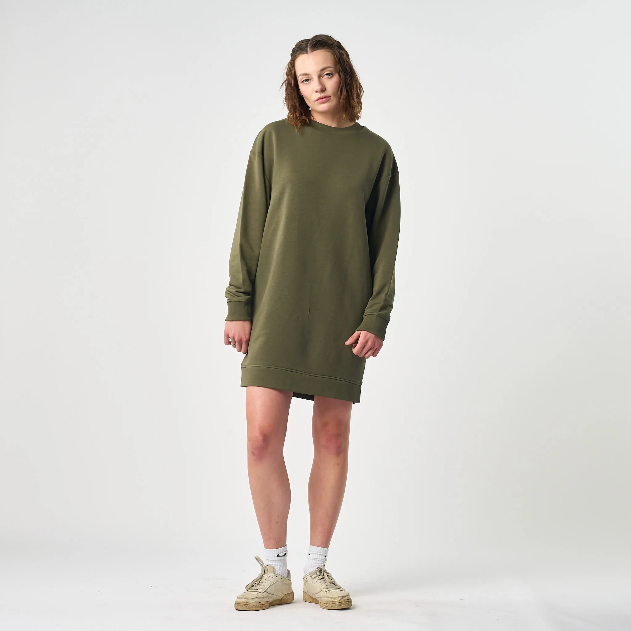 Omnitau Women's Omaha Organic Cotton Casual Fit Crew Neck Dress - Khaki Green