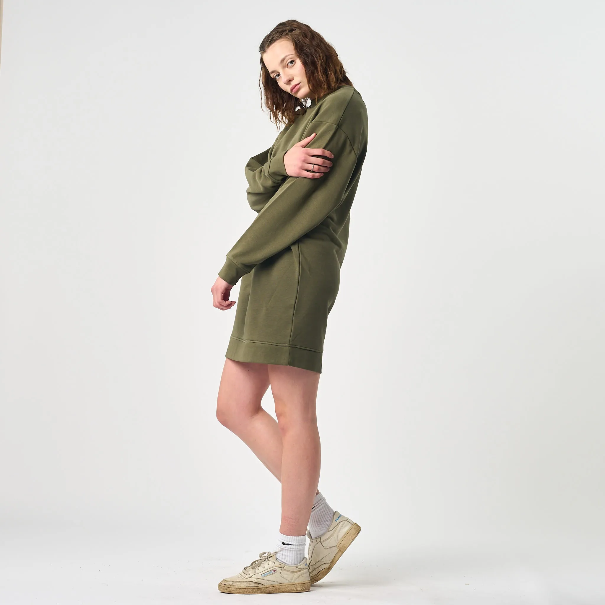 Omnitau Women's Omaha Organic Cotton Casual Fit Crew Neck Dress - Khaki Green