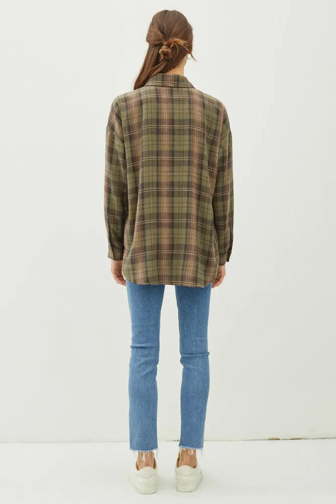 Oversize Flannel Top in Khaki by be cool