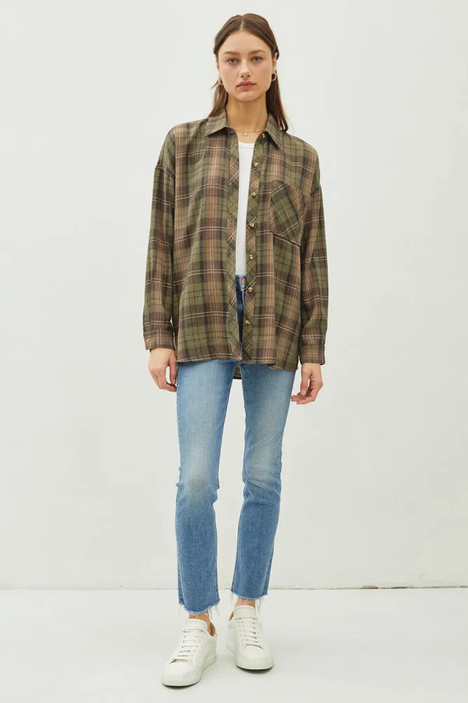 Oversize Flannel Top in Khaki by be cool