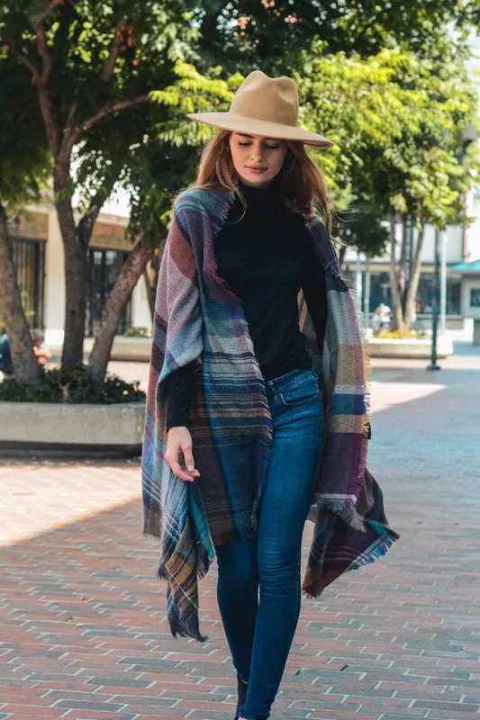 Plaid Poncho Scarf with Pockets