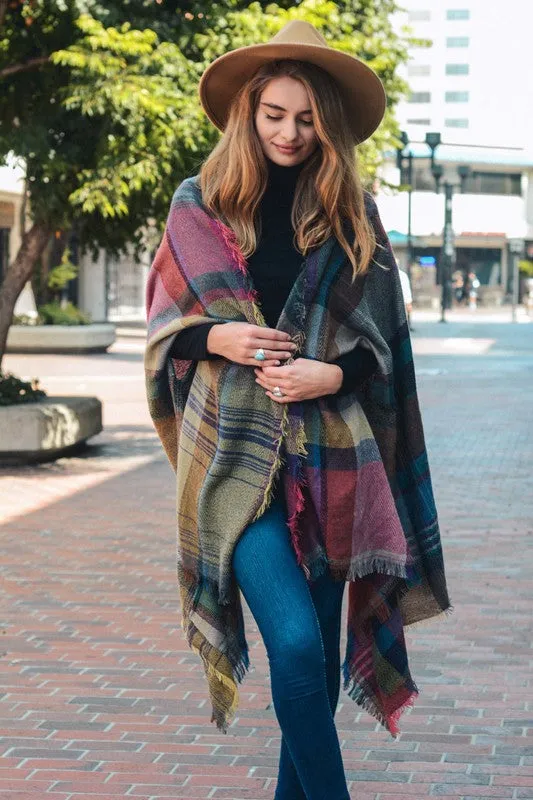 Plaid Poncho Scarf with Pockets