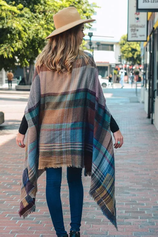 Plaid Poncho Scarf with Pockets