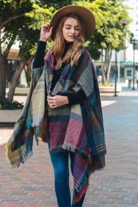 Plaid Poncho Scarf with Pockets