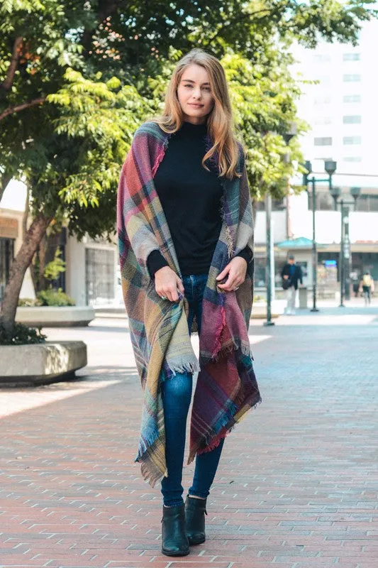 Plaid Poncho Scarf with Pockets