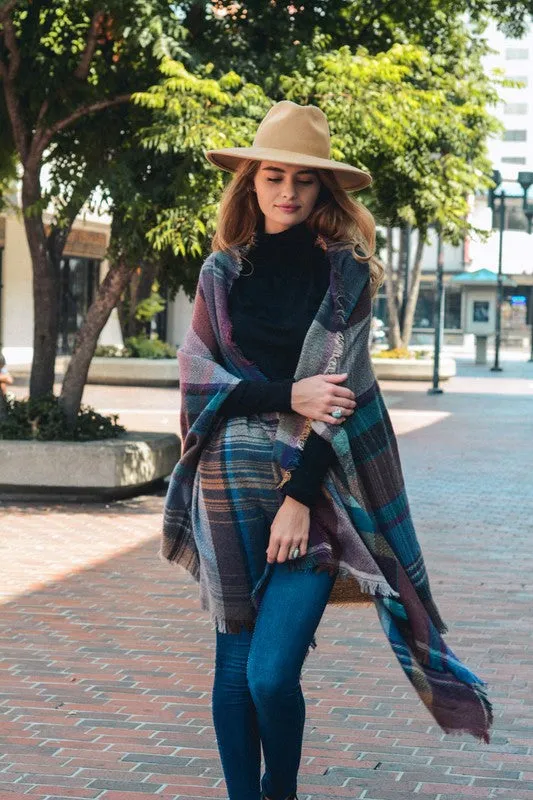 Plaid Poncho Scarf with Pockets