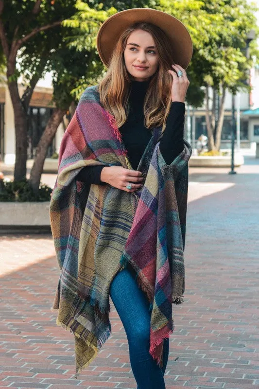 Plaid Poncho Scarf with Pockets