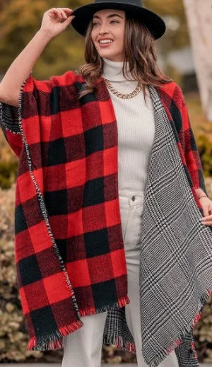 PLAID TUNIC 2 SIDED OPEN PONCHO