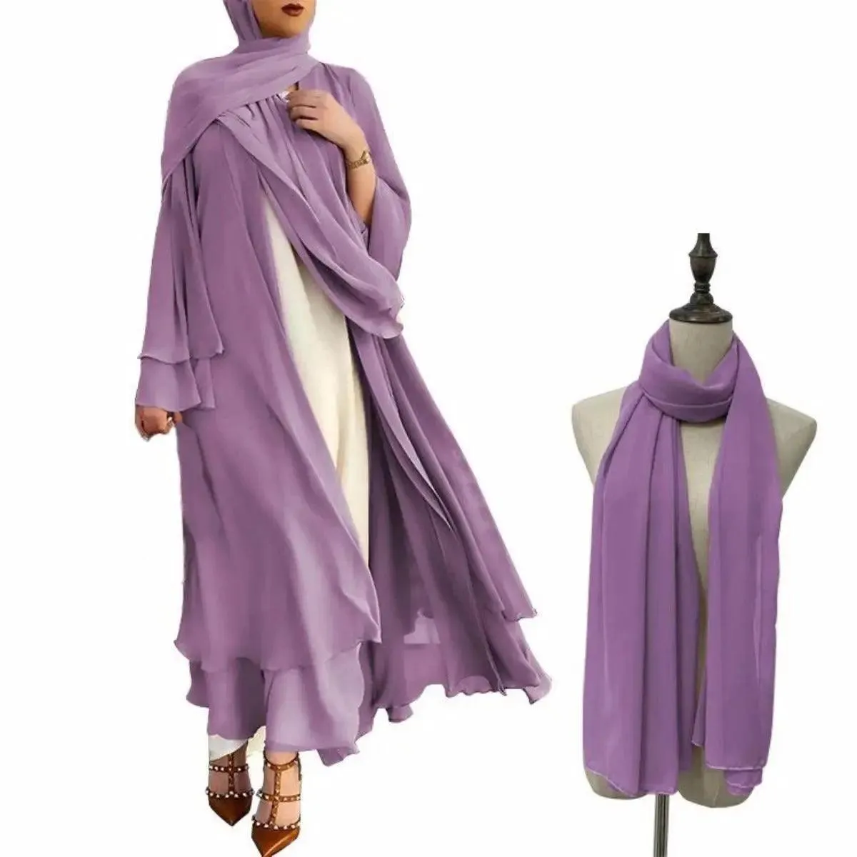 Plain Double Layered Chiffon Open Abaya (MOA002)