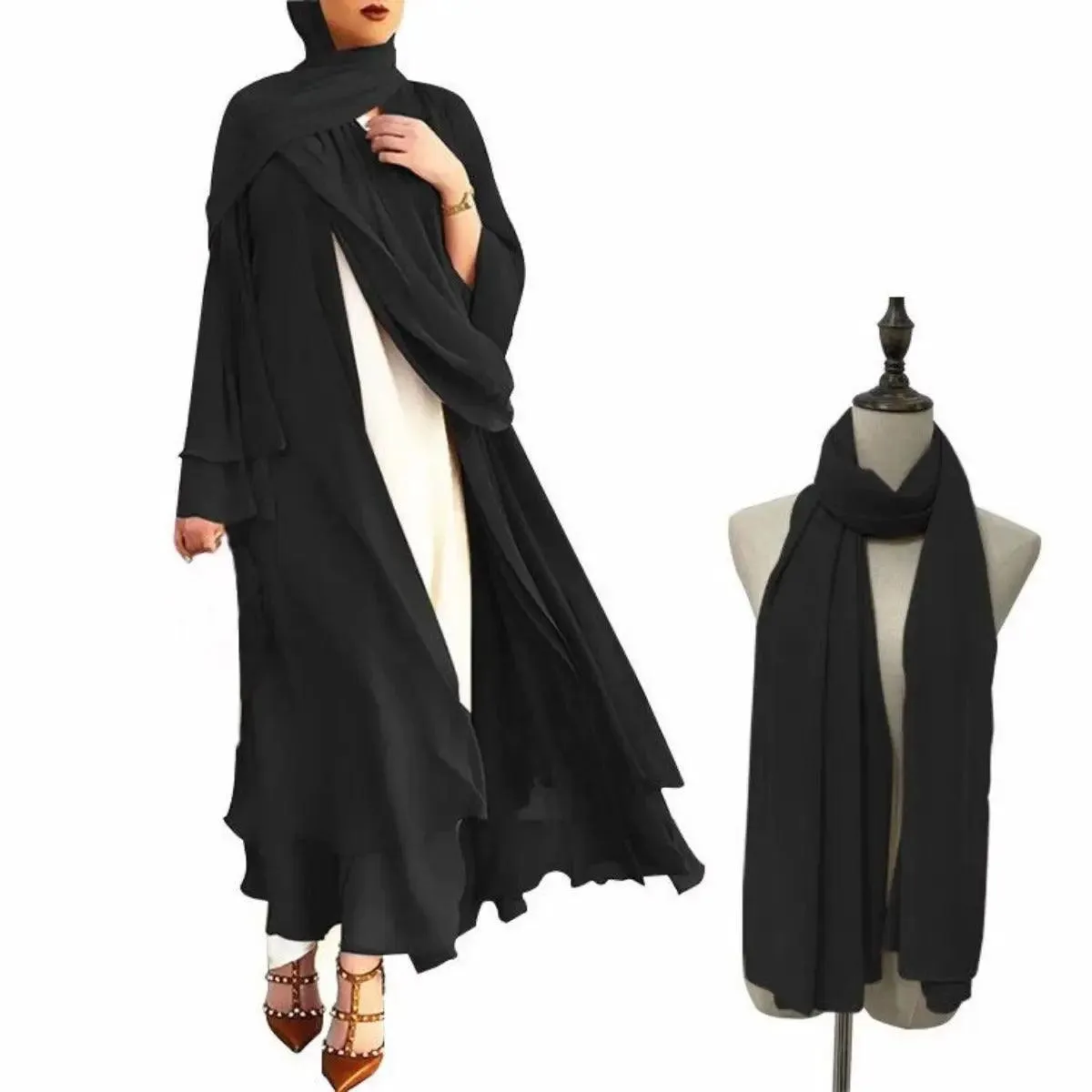 Plain Double Layered Chiffon Open Abaya (MOA002)