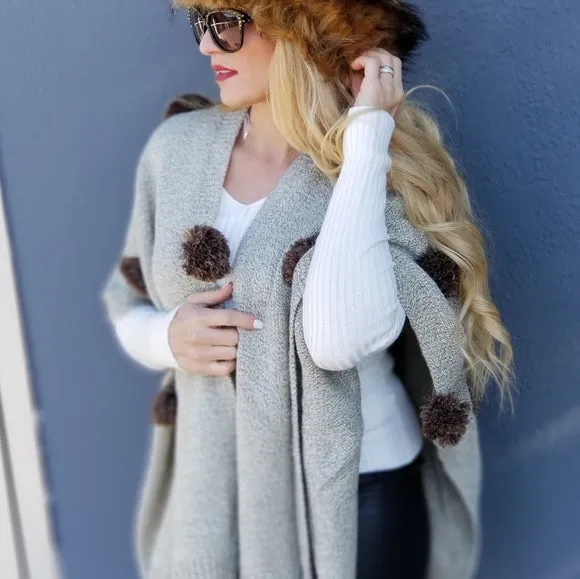 Playful Pom Pom Wrap Shrug Tan