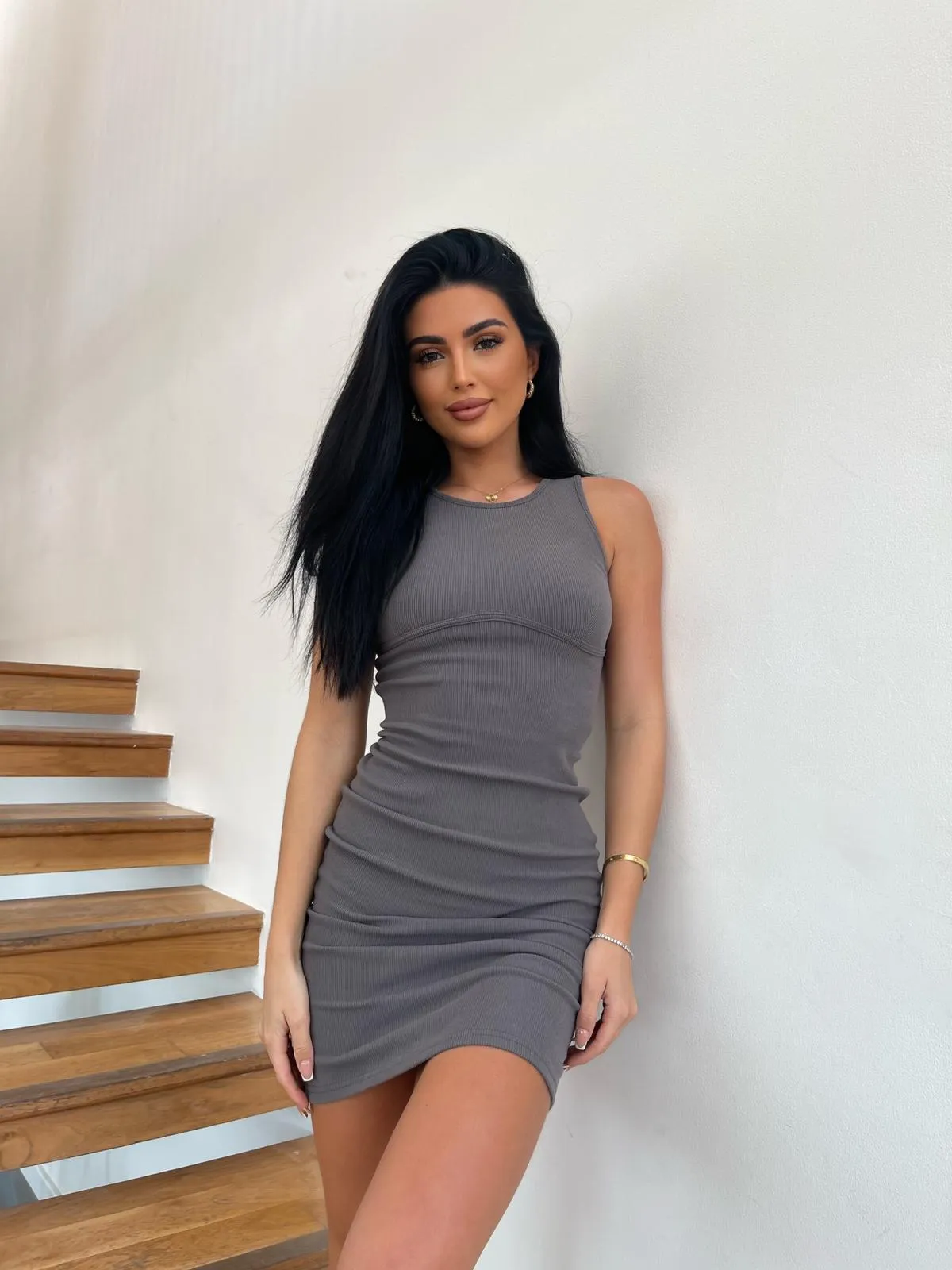 Premium Ribbed Dress in Grey, Black & Beige