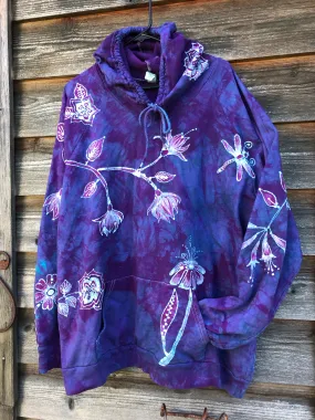 Purple Spring Flowers Pullover Batik Hoodie in Organic Cotton - Handmade Oversize in 3X